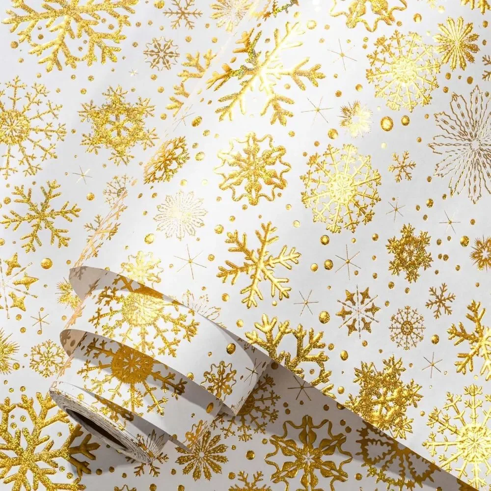 Homeral Christmas Wrapping Paper Roll - 3D Embossed Gold Foil Shine Snowflakes